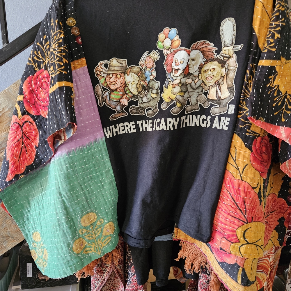 Halloween Upcycled Shirt With Kantha Sleeves